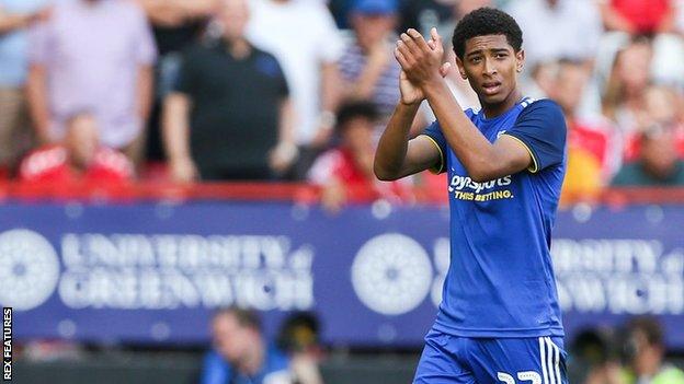 Jude Bellingham celebrates scoring for Birmingham against Charlton