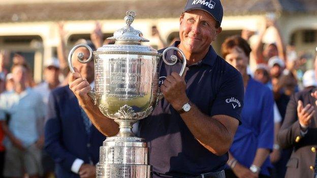 Phil Mickelson with the Wanamaker trophy after his historic triumph at Kiawah Island