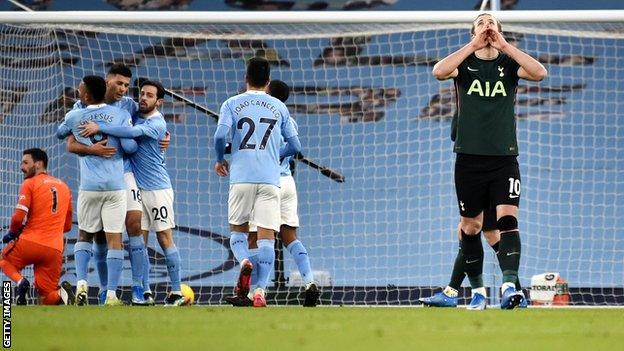 Tottenham forward Harry Kane reacts after Rodri gives Manchester City the lead from the penalty spot