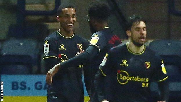 Joao Pedro (left) celebrates his goal against Preston with Nathaniel Chalobah