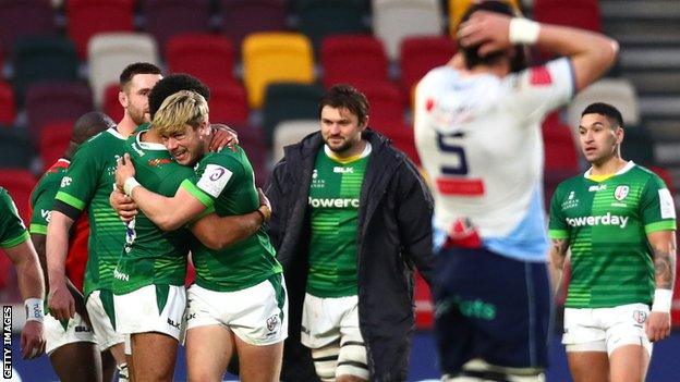 London Irish celebrate their win over Cardiff Blues