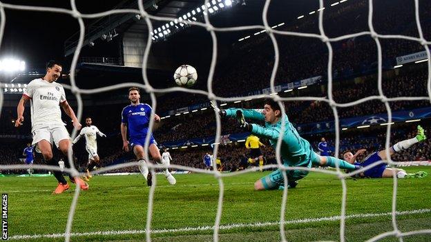 Zlatan Ibrahimovic scores for PSG at Chelsea