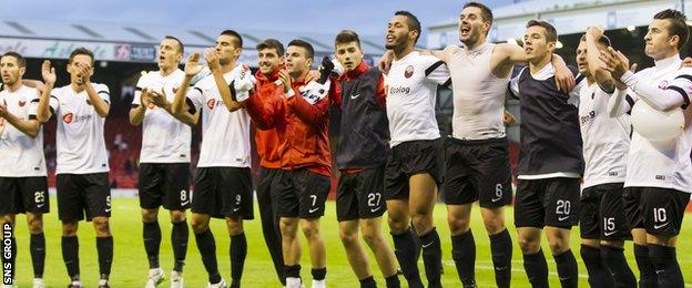 Shkendija players applaud their small band of supporters at Pittodrie