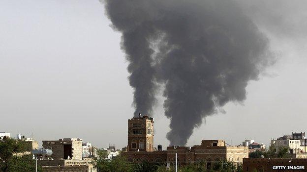 Smoke from attack by the Saudi-led coalition on a weapons depot at a Yemen military airport