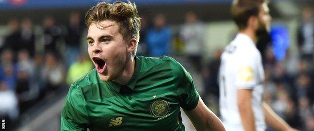 James Forrest celebrates after scoring against Rosenborg in 2017