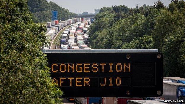 Trucks queuing on the M20 in Kent