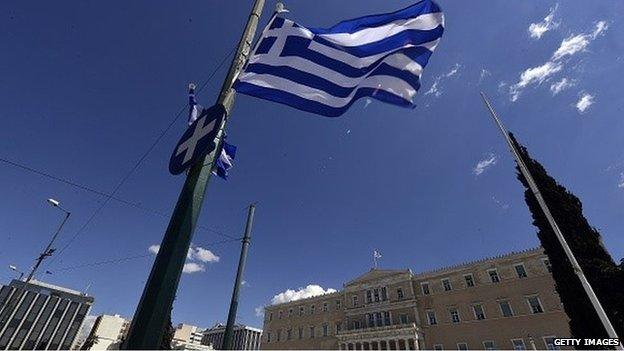 The Greek flag flies in front of the national parliament