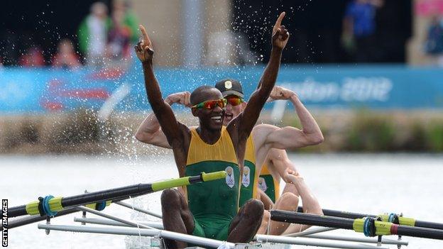 Sizwe Ndlovu and his teammates react to crossing the line first at London Olympics