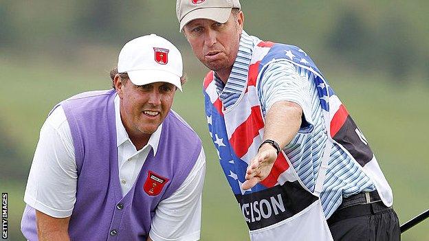 Phil Mickelson and former caddie Jim 'Bones' Mackay at the 2010 Ryder Cup at Celtic Manor