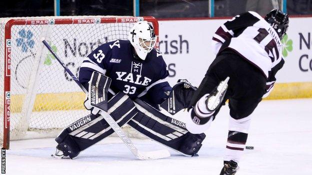 Jack Adams of Union College in action against Yale University's Corbin Kaczperski at the SSE Arena