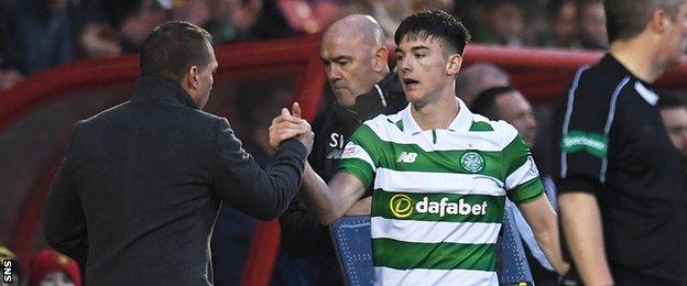 Kieran Tierney (right) and Celtic manager Brendan Rodgers