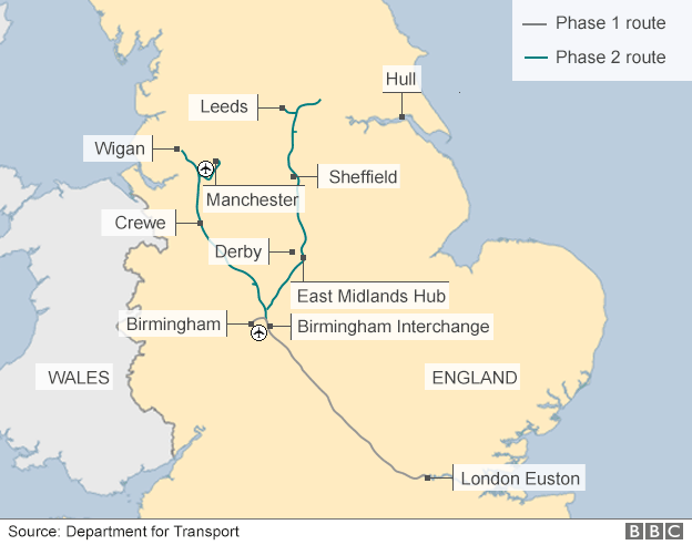 Map showing proposed route of HS2