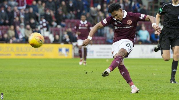 Demetri Mitchell thumps home Hearts' second goal