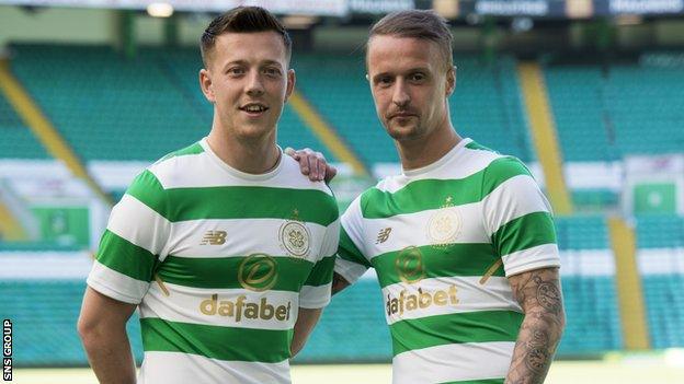 Leigh Griffiths (right) and Callum McGregor model Celtic's new kit