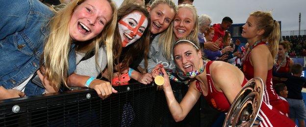 Lily Owsley celebrates European Championship win with England supporters