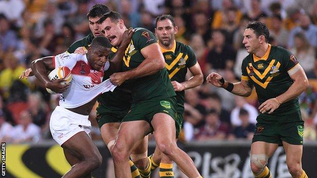 Jermaine McGillvary in action against Australia in the 2017 World Cup final