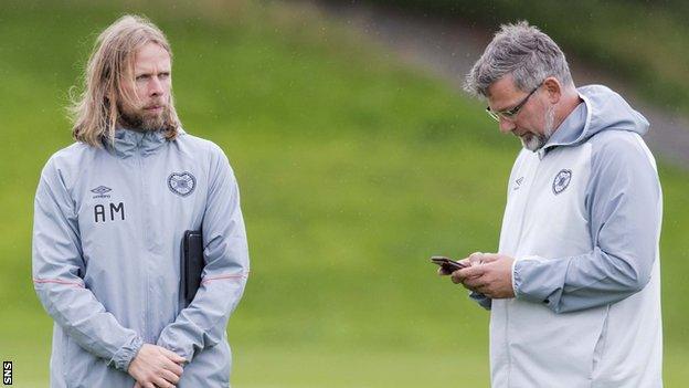 Hearts assistant Austin MacPhee and manager Craig Levein