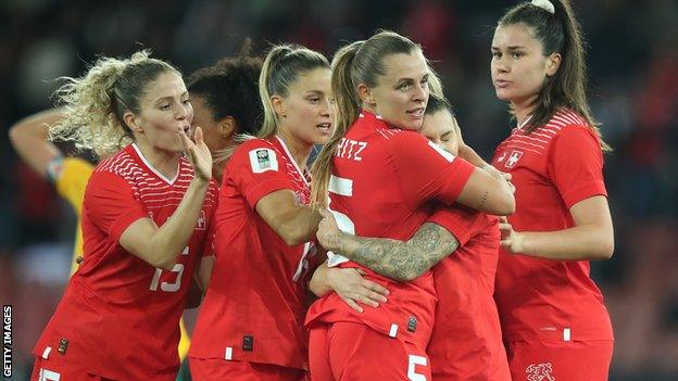 Switzerland celebrate after former Chelsea player Ramona Bachmann's equaliser