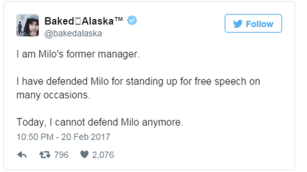 Tweet: I have defended Milo for standing up for free speech on many occasions. Today, I cannot defend Milo anymore.