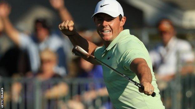 Rory McIlroy celebrates winning at Bay Hill