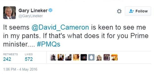 Gary Lineker tweets: It seems @David_Cameron is keen to see me in my pants. If that's what does it for you Prime minister.... #PMQs