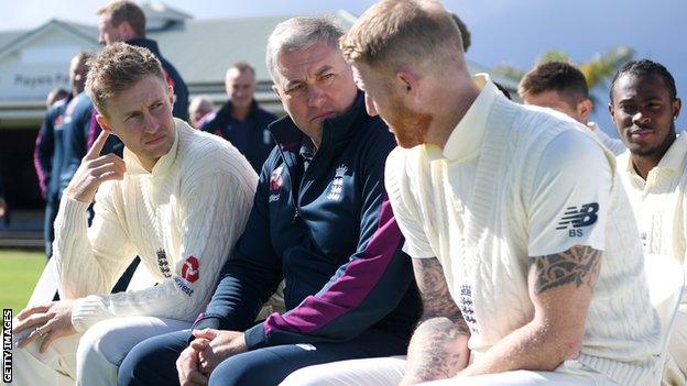 Joe Root, Chris Silverwood and Ben Stokes