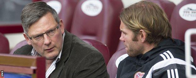 Hearts' Craig Levein and Robbie Neilson chat in the dugout