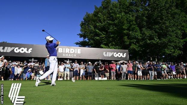 Bryson De Chambeau teeing off at a LIV Golf event