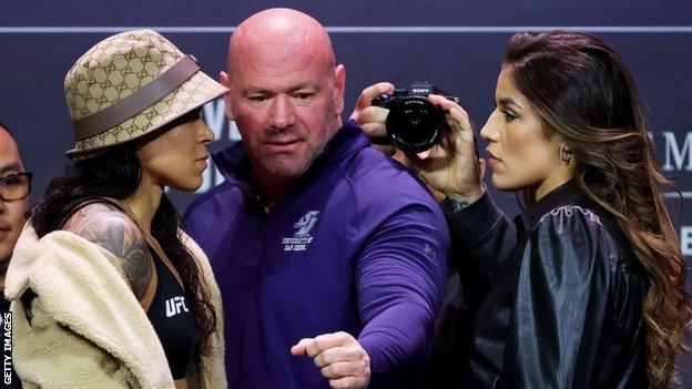 Amanda Nunes, Dana White and Julianna Pena during the UFC 269 news conference