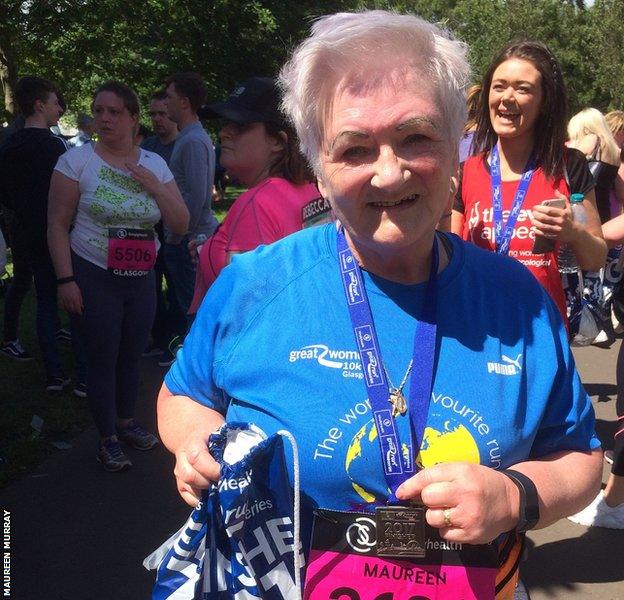 Maureen shows off her medal for finishing this year's Great Run Women's 10K in Glasgow