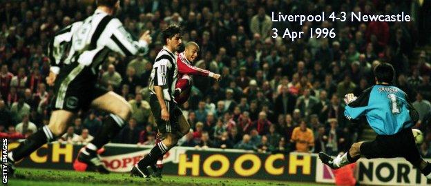 Stan Collymore scores the winner as Newcastle lose 4-3 at Anfield versus Liverpool