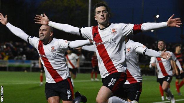 Nicky Little celebrates his goal for Clydebank, who play in the West of Scotland Football League.