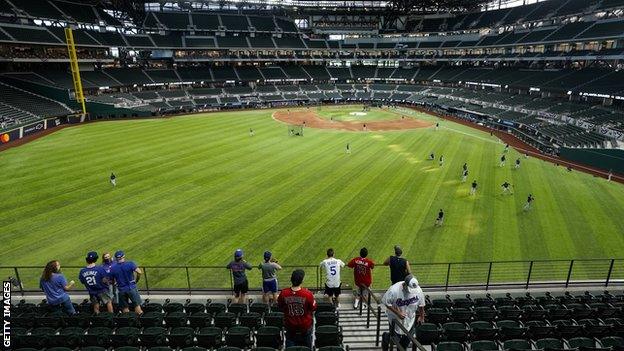 Fans watching warm-ups at Globe Life Park