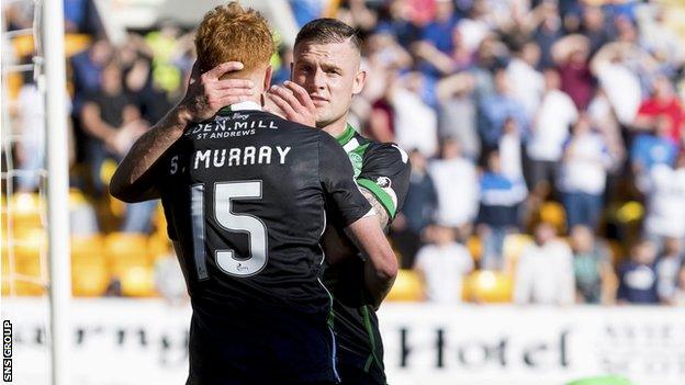 Hibs strikers Simon Murray and Anthony Stokes celebrate the equaliser in Perth