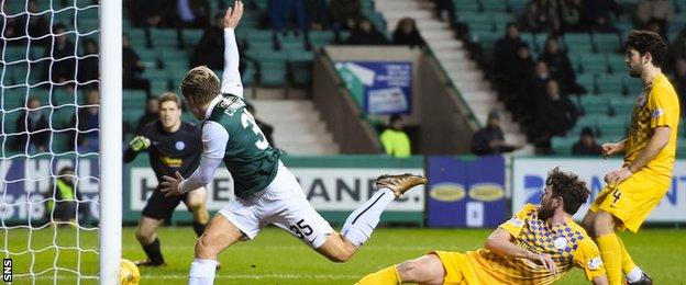 Jason Cummings playing for Hibernian against Morton