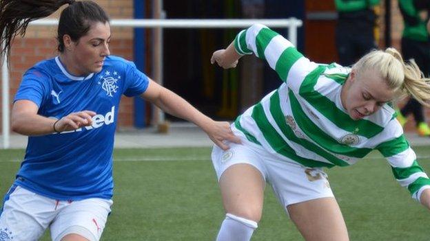 Rangers' Hayley Sinclair and Celtic's Heather Richards battle for the ball