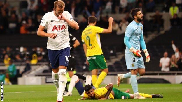 Harry Kane celebrates scoring for Tottenham in the Europa Conference League