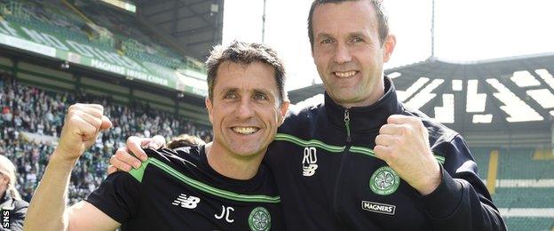 John Collins and Ronny Deila celebrate another Premiership title after Celtic's win over Aberdeen