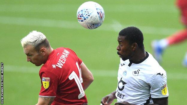 Bristol City's Andreas Weimann and Marc Guehi of Swansea City compete for a high ball