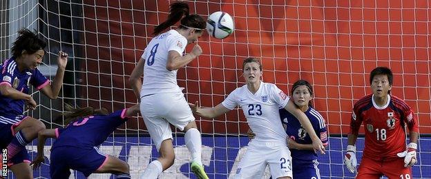 Jill Scott heads wide of goal from a corner