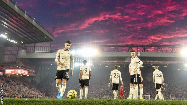 Manchester United players look dejected at Anfield in January last year