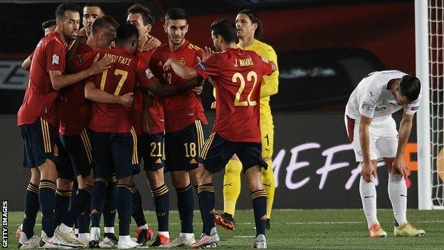 Spain celebrate Mikel Oyarzabal's first-half opener