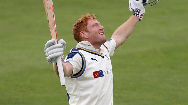 Jonny Bairstow celebrates a century for Yorkshire