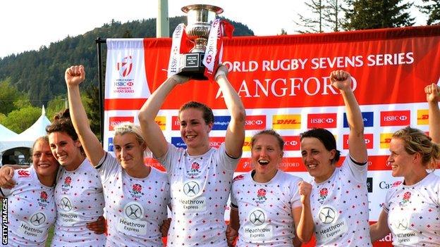 England women celebrate winning World Series Sevens