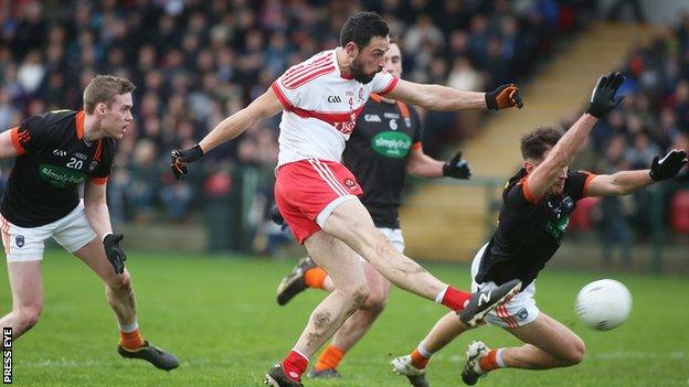 Aidan McLaughlin fires in Derry's opening goal against Armagh at Owenbeg