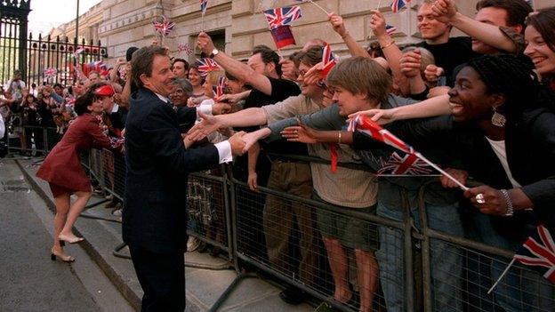 Tony Blair greets crowds after his 1997 election victory