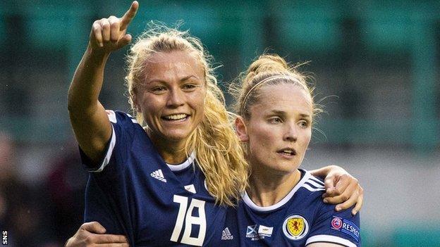 Claire Emslie and Kim Little in action for Scotland