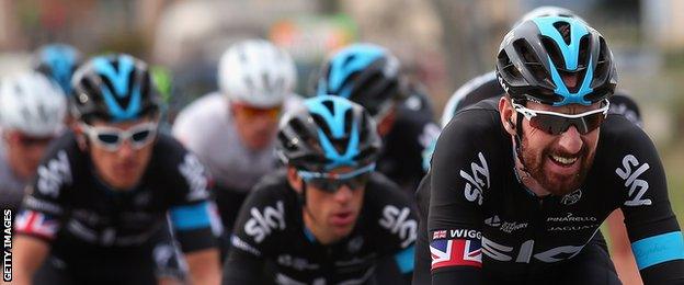 Sir Bradley Wiggins leads the pack in the 2015 Paris-Nice race