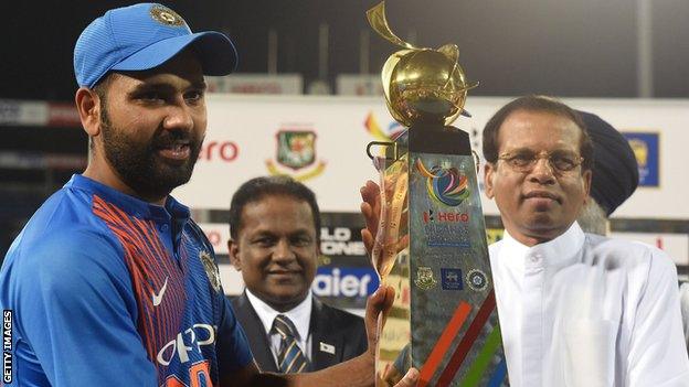 India captain Rohit Sharma with the T20 tri-series trophy