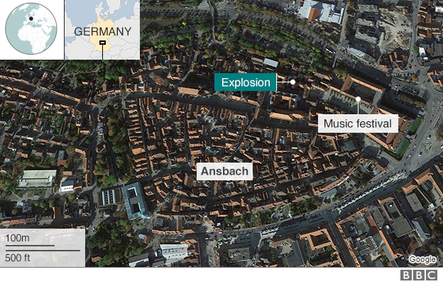 Map showing location of explosion in Ansbach